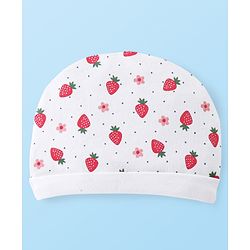 Babyhug 100% Cotton Knit Cap Mittens & Booties With Strawberry Print - White & Red