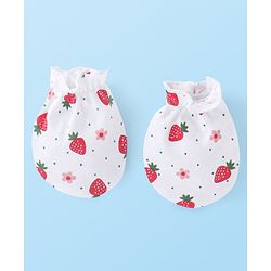 Babyhug 100% Cotton Knit Cap Mittens & Booties With Strawberry Print - White & Red
