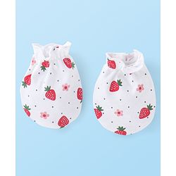 Babyhug 100% Cotton Knit Cap Mittens & Booties With Strawberry Print - White & Red