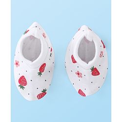 Babyhug 100% Cotton Knit Cap Mittens & Booties With Strawberry Print - White & Red