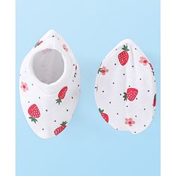 Babyhug 100% Cotton Knit Cap Mittens & Booties With Strawberry Print - White & Red
