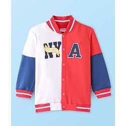 Babyhug 100% Cotton Knit Full Sleeves Front Open Bomber Jacket with Text Graphics & Embroidery Detailing - Red & White