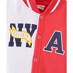 Babyhug 100% Cotton Knit Full Sleeves Front Open Bomber Jacket with Text Graphics & Embroidery Detailing - Red & White