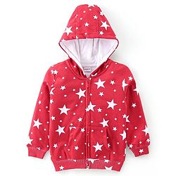 Babyhug 100% Cotton Knit Full Sleeves Hooded Sweatjacket with Zipper & Star Print - Maroon