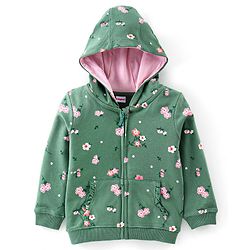 Babyhug Cotton Knit Full Sleeves Hooded Sweat Jacket with Front Zipper Floral Print - Green