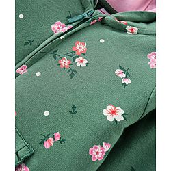 Babyhug Cotton Knit Full Sleeves Hooded Sweat Jacket with Front Zipper Floral Print - Green