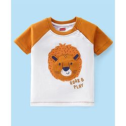 Babyhug 100% Cotton Knit Raglan Sleeves T-Shirt With Lion Graphic & Applique Detailing - White
