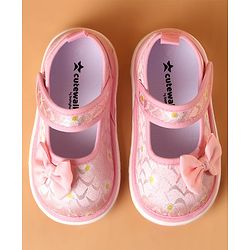 Cute Walk by Babyhug Casual Shoes With Velcro Closure & Bow Applique Floral Print- Pink