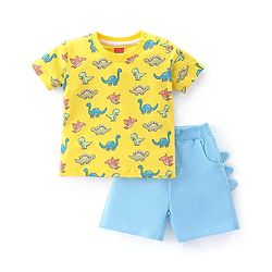 Babyhug Cotton Knit Half Sleeves Dino Printed T-Shirt & Shorts - Yellow & Light Blue