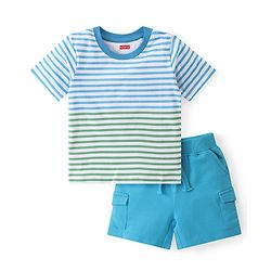 Babyhug 100% Cotton Knit Single Jersey Half Sleeves T-Shirt & Shorts Striped - Blue & White
