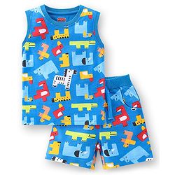 Babyhug 100% Cotton Knit Single Jersey Sleeveless T-Shirt & Shorts Animals Print - Blue