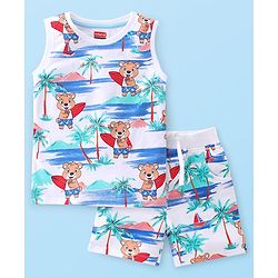 Babyhug 100% Cotton Knit Single Jersey Sleeveless T-Shirt & Shorts With Teddy Print - White Blue & Red