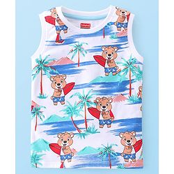 Babyhug 100% Cotton Knit Single Jersey Sleeveless T-Shirt & Shorts With Teddy Print - White Blue & Red