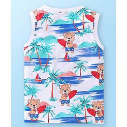 Babyhug 100% Cotton Knit Single Jersey Sleeveless T-Shirt & Shorts With Teddy Print - White Blue & Red