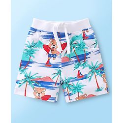 Babyhug 100% Cotton Knit Single Jersey Sleeveless T-Shirt & Shorts With Teddy Print - White Blue & Red