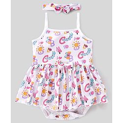 Babyhug 100% Cotton Interlock Knit Sleeveless Onesies With Hairband & Butterfly Print - White
