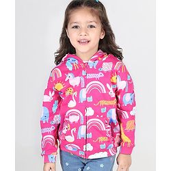 Babyhug Cotton Knit Full Sleeves Front Open Sweatjacket with Hood Animal & Rainbow Print- Pink