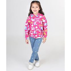 Babyhug Cotton Knit Full Sleeves Front Open Sweatjacket with Hood Animal & Rainbow Print- Pink