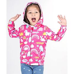 Babyhug Cotton Knit Full Sleeves Front Open Sweatjacket with Hood Animal & Rainbow Print- Pink