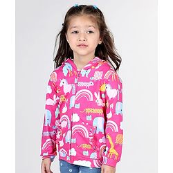 Babyhug Cotton Knit Full Sleeves Front Open Sweatjacket with Hood Animal & Rainbow Print- Pink