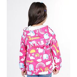 Babyhug Cotton Knit Full Sleeves Front Open Sweatjacket with Hood Animal & Rainbow Print- Pink
