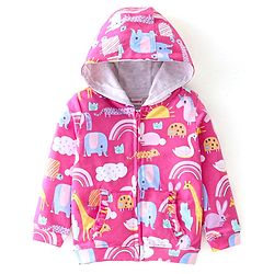 Babyhug Cotton Knit Full Sleeves Front Open Sweatjacket with Hood Animal & Rainbow Print- Pink