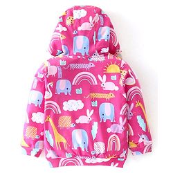Babyhug Cotton Knit Full Sleeves Front Open Sweatjacket with Hood Animal & Rainbow Print- Pink
