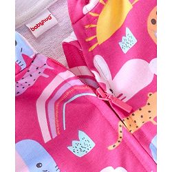 Babyhug Cotton Knit Full Sleeves Front Open Sweatjacket with Hood Animal & Rainbow Print- Pink