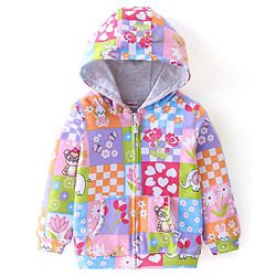 Babyhug Cotton Knit Full Sleeves Front Open Sweatjacket with Hood Animal & Floral Print- Multicolour