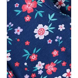 Babyhug 100% Cotton Knit Full Sleeves Front Open Hooded Sweatjacket with Zipper & Floral Print - Navy Blue