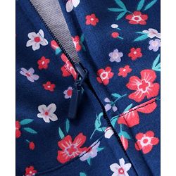 Babyhug 100% Cotton Knit Full Sleeves Front Open Hooded Sweatjacket with Zipper & Floral Print - Navy Blue