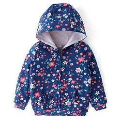 Babyhug 100% Cotton Knit Full Sleeves Front Open Hooded Sweatjacket with Zipper & Floral Print - Navy Blue