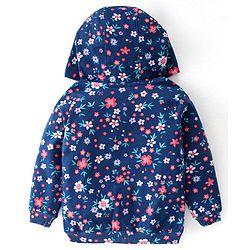 Babyhug 100% Cotton Knit Full Sleeves Front Open Hooded Sweatjacket with Zipper & Floral Print - Navy Blue