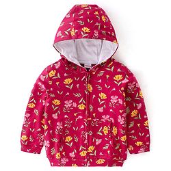 Babyhug Cotton Knit Full Sleeves Front Open Sweatjacket with Hood & Floral Print - Maroon