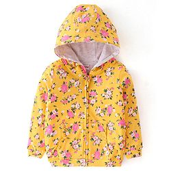 Babyhug Cotton Knit Full Sleeves Front Open Sweatjacket with Hood & Floral Print - Yellow