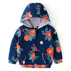 Babyhug Cotton Knit Full Sleeves Front Open Sweatjacket with Hood & Floral Print - Navy Blue