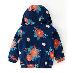 Babyhug Cotton Knit Full Sleeves Front Open Sweatjacket with Hood & Floral Print - Navy Blue