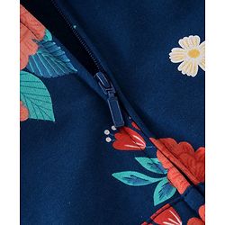Babyhug Cotton Knit Full Sleeves Front Open Sweatjacket with Hood & Floral Print - Navy Blue