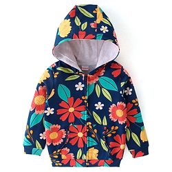 Babyhug Cotton Knit Full Sleeves Front Open Sweatjacket with Hood & Floral Print - Navy Blue
