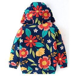 Babyhug Cotton Knit Full Sleeves Front Open Sweatjacket with Hood & Floral Print - Navy Blue