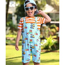 Babyhug Cotton Knit Truck Printed Dungaree with Half Sleeves Striped Inner Tee - Red & Blue