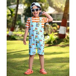 Babyhug Cotton Knit Truck Printed Dungaree with Half Sleeves Striped Inner Tee - Red & Blue