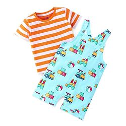 Babyhug Cotton Knit Truck Printed Dungaree with Half Sleeves Striped Inner Tee - Red & Blue