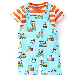 Babyhug Cotton Knit Truck Printed Dungaree with Half Sleeves Striped Inner Tee - Red & Blue