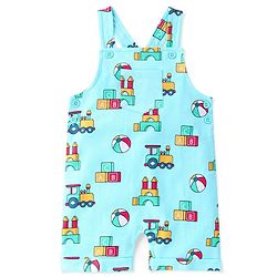Babyhug Cotton Knit Truck Printed Dungaree with Half Sleeves Striped Inner Tee - Red & Blue