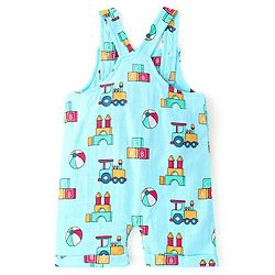 Babyhug Cotton Knit Truck Printed Dungaree with Half Sleeves Striped Inner Tee - Red & Blue