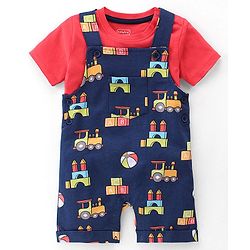 Babyhug 100% Cotton Knit Dungaree & Half Sleeves T-Shirt Set With Vehicle Print - Blue & Red