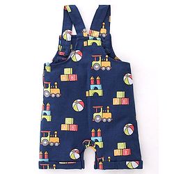 Babyhug 100% Cotton Knit Dungaree & Half Sleeves T-Shirt Set With Vehicle Print - Blue & Red