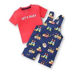 Babyhug 100% Cotton Knit Dungaree & Half Sleeves T-Shirt Set With Vehicle Print - Blue & Red