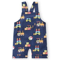 Babyhug 100% Cotton Knit Dungaree & Half Sleeves T-Shirt Set With Vehicle Print - Blue & Red